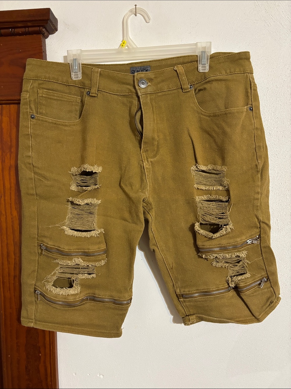Men's Distressed khaki Jean Shorts with Zipper Details